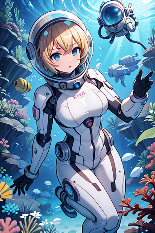 1girl, blonde_hair, solo,(space helmet):6, blue_eyes, looking_at_viewer, futuristic_diving_suit, realistic, breasts, short_hair, lips, medium_breasts, cyborg_enhancements, high_tech_armor, underwater, coral_reef, tropical_fish, sunlight_rays, futuristic_breathing_apparatus