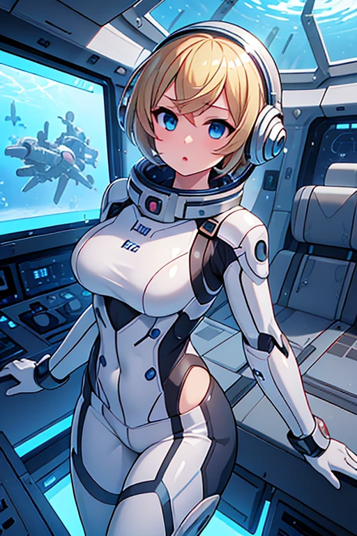 1girl, blonde_hair, solo,(space helmet):6, blue_eyes, looking_at_viewer, futuristic_diving_suit, realistic, breasts, short_hair, lips, medium_breasts, cyborg_enhancements, high_tech_armor, underwater, coral_reef, tropical_fish, sunlight_rays, futuristic_breathing_apparatus