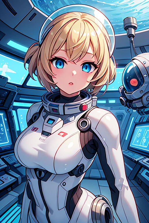 1girl, blonde_hair, solo,(space helmet):6, blue_eyes, looking_at_viewer, futuristic_diving_suit, realistic, breasts, short_hair, lips, medium_breasts, cyborg_enhancements, high_tech_armor, underwater, coral_reef, tropical_fish, sunlight_rays, futuristic_breathing_apparatus