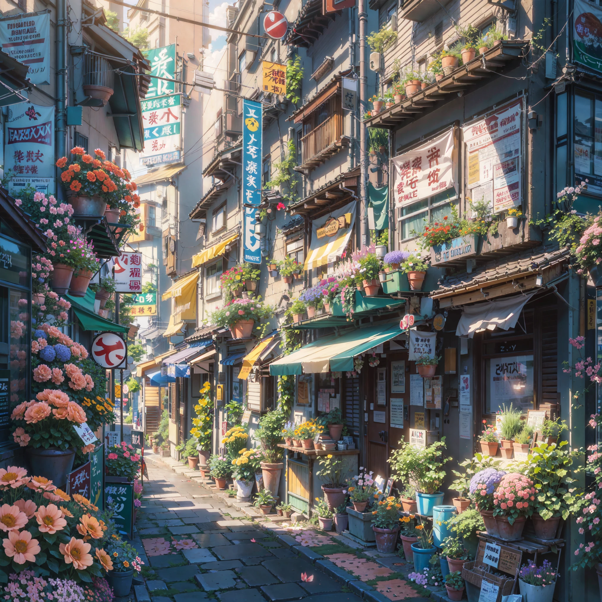 anime scenery of a street with a lot of signs and flowers, compact buildings, narrow street, vibrant flowers, anime background art, tokyo - esque town, tokyo anime scene, beautiful anime scene, japanese street, anime art wallpaper 8 k, anime style cityscape, anime art wallpaper 4 k, anime art wallpaper 4k, anime aesthetic, highly detailed digital painting, jen bartel, anime scenery concept art