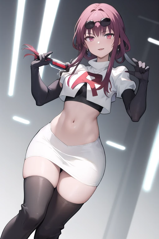 masterpiece, best quality, highres, aakafka, sunglasses, eyewear on head, team rocket,team rocket uniform,white skirt,red letter R,crop top,black thigh-highs,black elbow gloves
