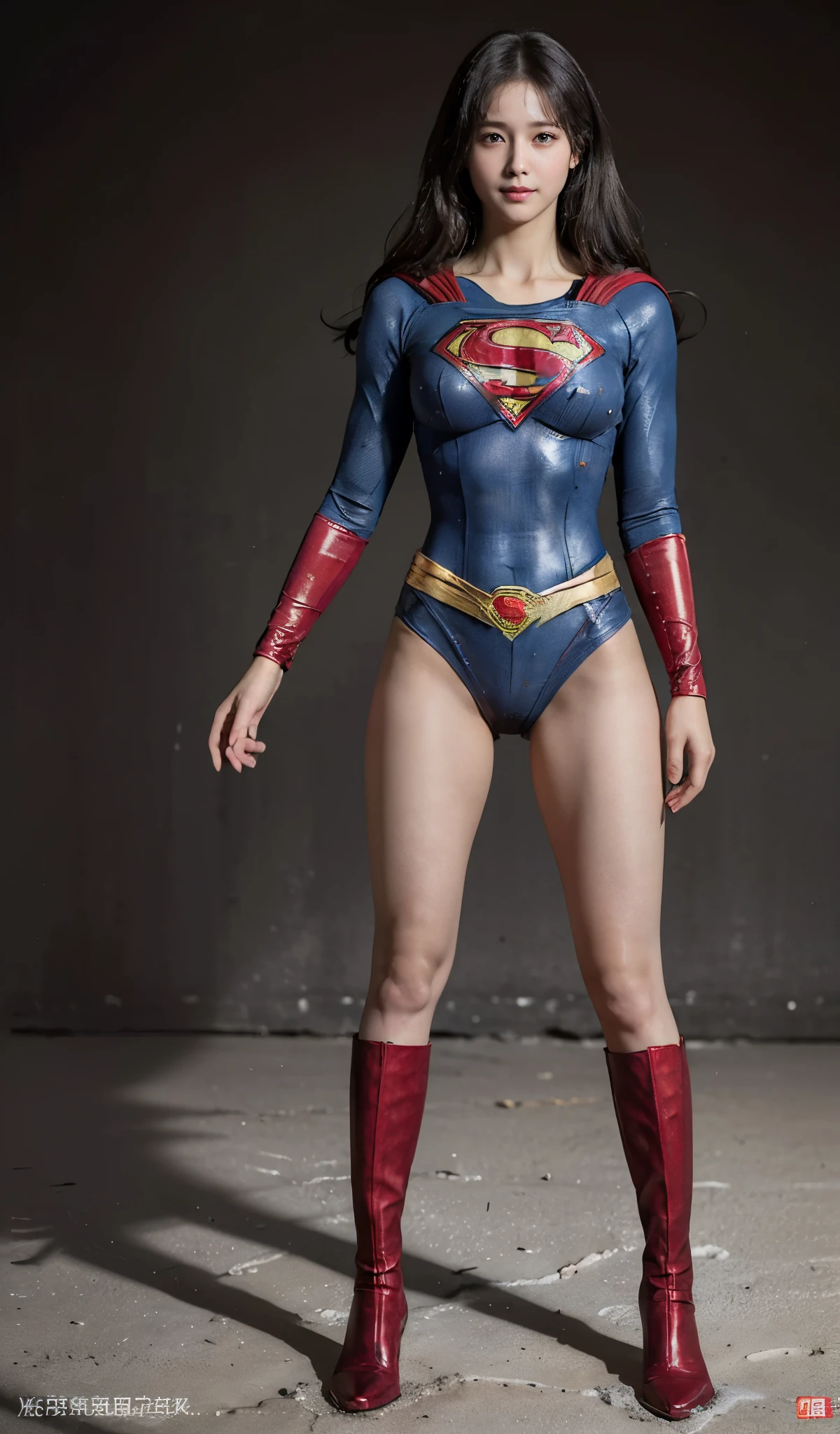 No background、(((Beautiful legs in black tights.)))、(((Legally express the beauty of your smile)))、((((Make the most of your original images)))、(((Supergirl Costume)))、(((Beautiful Hair)))、(((suffering)))、(((Please wear black tights....、Wear red boots)))、((Best image quality、8K))、((highest quality、8K、masterpiece:1.3))、(((Preserve background )))、Sharp focus:1.2、Beautiful woman with perfect figure:1.4、Thin abdominal muscles:1.2、Wet body:1.5、Highly detailed face and skin texture、8K