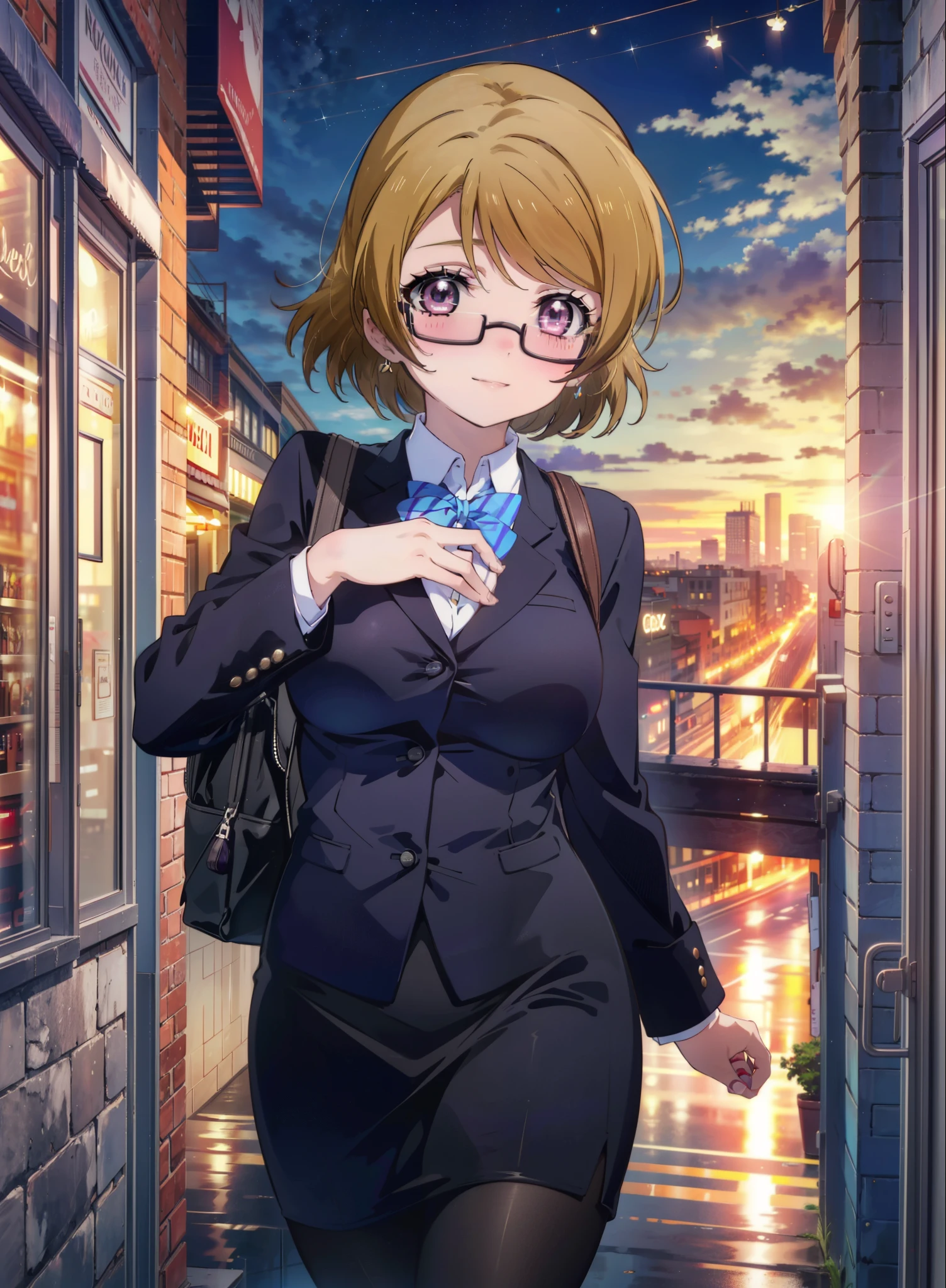 8k,highest quality,masterpiece,(((Pixel Perfect, Perfect in every detail))), alone, 1 girl, hanayo koizumi,, Looking at the audience, smile,Light brown hair,Long Hair,Purple ruby eyes,Black Abyss Glasses,Big Breasts , OL, Red glasses, end, Black suit jacket, Collared jacket, White dress shirt, Collared shirt, Neckline, button, strap, ID card on the neck, Black Skirt, Black Pantyhose,Business bag heel,city,evening,sunset,(masterpiece:1.2), highest quality, High resolution, unity 8k wallpaper, (shape:0.8), (Beautiful and detailed:1.6), Highly detailed face, Perfect lighting, Highly detailed CG, (Perfect hands, Perfect Anatomy),