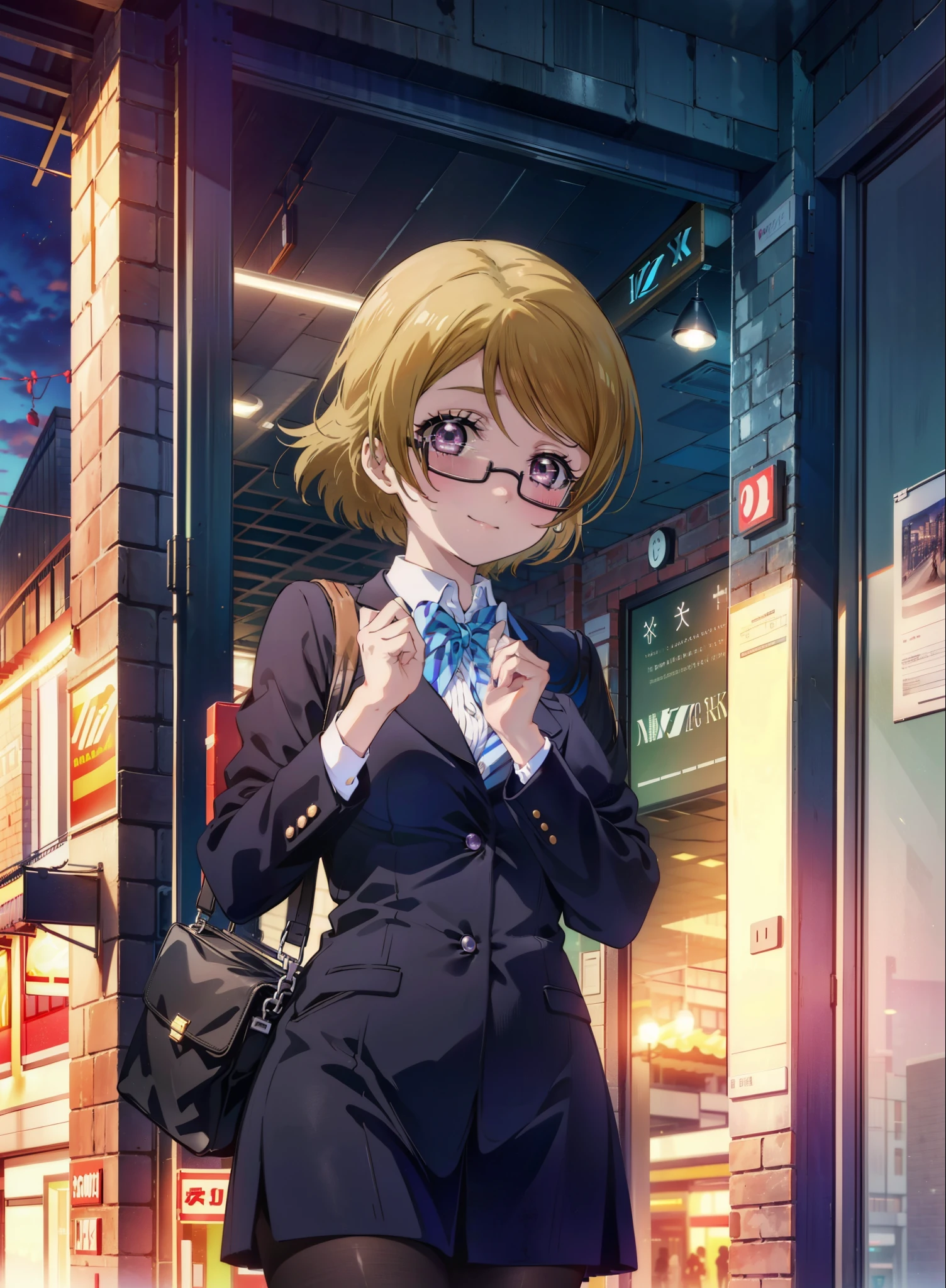 8k,highest quality,masterpiece,(((Pixel Perfect, Perfect in every detail))), alone, 1 girl, hanayo koizumi,, Looking at the audience, smile,Light brown hair,Long Hair,Purple ruby eyes,Black Abyss Glasses,Big Breasts , OL, Red glasses, end, Black suit jacket, Collared jacket, White dress shirt, Collared shirt, Neckline, button, strap, ID card on the neck, Black Skirt, Black Pantyhose,Business bag heel,city,evening,sunset,(masterpiece:1.2), highest quality, High resolution, unity 8k wallpaper, (shape:0.8), (Beautiful and detailed:1.6), Highly detailed face, Perfect lighting, Highly detailed CG, (Perfect hands, Perfect Anatomy),