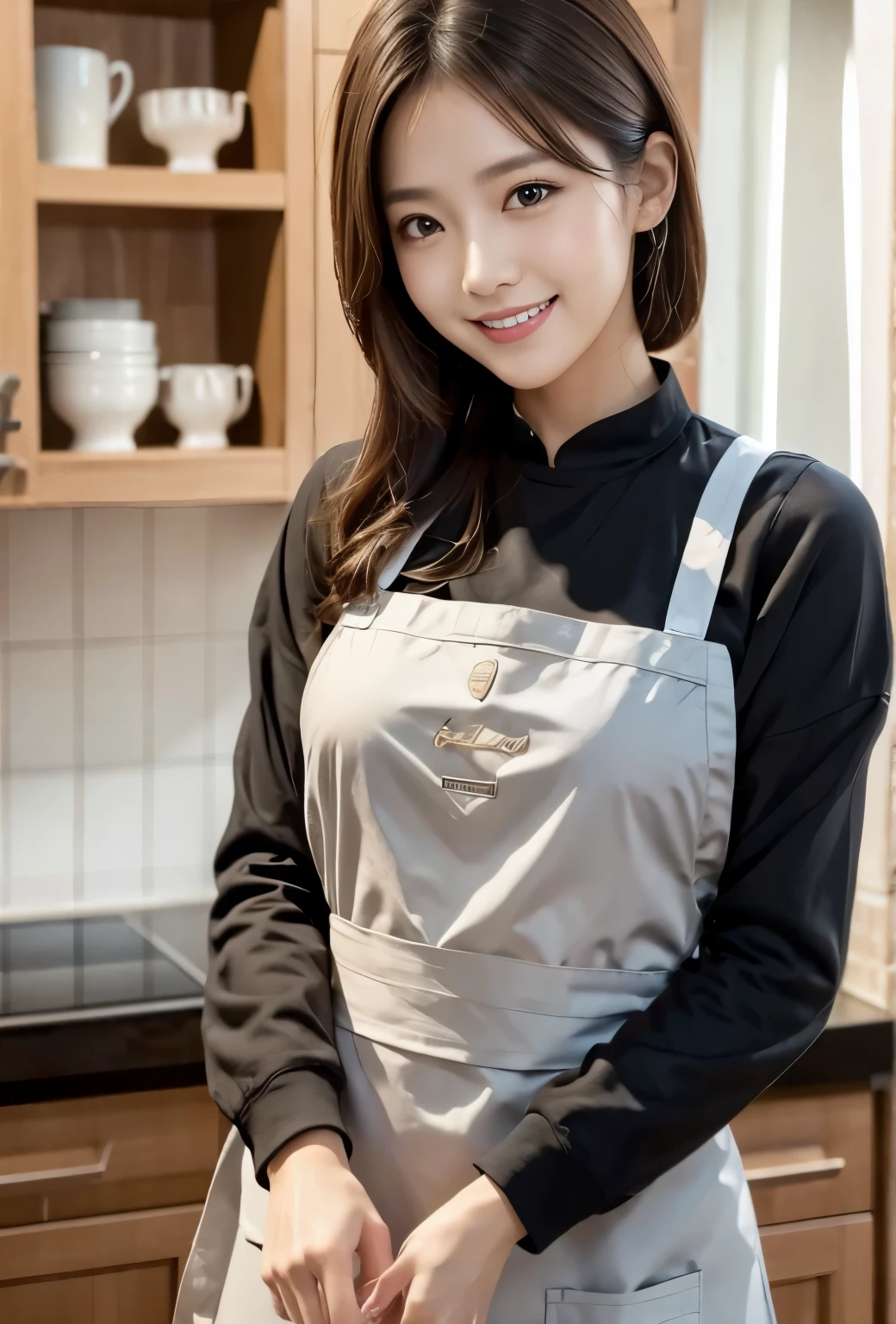 (masterpiece, best quality:1.1), (8k, raw photo, photo realistic:1.2, f22), (shiny skin), detailed skin,ponytail,detailed face, detailed eyes,smile,BREAK, real world, intricate details, smil, BREAK, 1girl, (Long sleeves,apron), BREAK, (kitchen:1.4), BREAK
