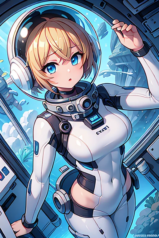 1girl, blonde_hair, solo,(space helmet):6, blue_eyes, looking_at_viewer, futuristic_diving_suit, realistic, breasts, short_hair, lips, medium_breasts, cyborg_enhancements, high_tech_armor, underwater, coral_reef, tropical_fish, sunlight_rays, futuristic_breathing_apparatus