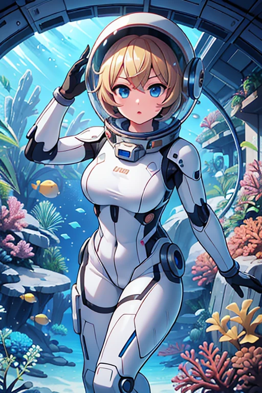1girl, blonde_hair, solo,(space helmet):6, blue_eyes, looking_at_viewer, futuristic_diving_suit, realistic, breasts, short_hair, lips, medium_breasts, cyborg_enhancements, high_tech_armor, underwater, coral_reef, tropical_fish, sunlight_rays, futuristic_breathing_apparatus