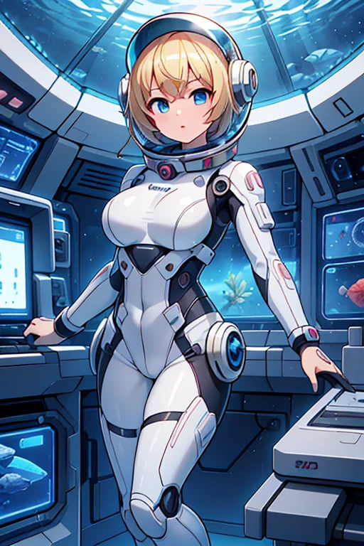 1girl, blonde_hair, solo,(space helmet):6, blue_eyes, looking_at_viewer, futuristic_diving_suit, realistic, breasts, short_hair, lips, medium_breasts, cyborg_enhancements, high_tech_armor, underwater, coral_reef, tropical_fish, sunlight_rays, futuristic_breathing_apparatus