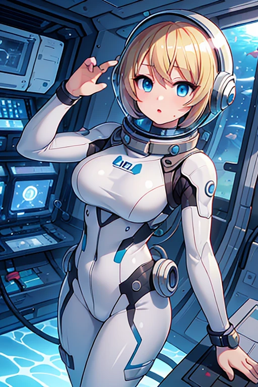 1girl, blonde_hair, solo,(space helmet):6, blue_eyes, looking_at_viewer, futuristic_diving_suit, realistic, breasts, short_hair, lips, medium_breasts, cyborg_enhancements, high_tech_armor, underwater, coral_reef, tropical_fish, sunlight_rays, futuristic_breathing_apparatus