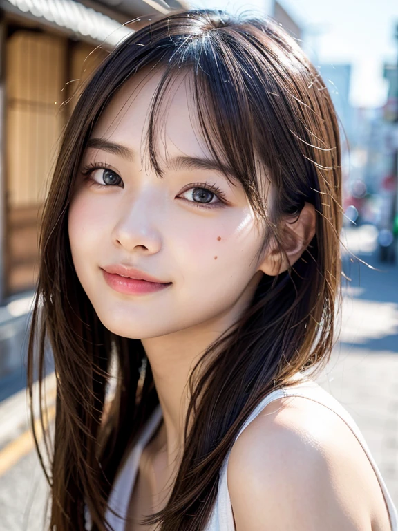 With the alleys of Kyoto in the background、18-year-old girl、independent、Look forward、Light eye makeup、Brown Hair Color、flat 、Hair blowing in the wind、Quality of actress、Shiny, Ultra-realistic faces、smileの表情、Watery eyes、look up、Soothing lighting effects、 Ultra-Realistic Capture、Very detailed、High resolution 16k human skin closeup。Skin texture must be natural、Must be so detailed that pores are visible、skin is healthy、Must be of uniform tone、Use natural light and color、High quality photos taken by modeling agencies'Exclusive photographer、smile