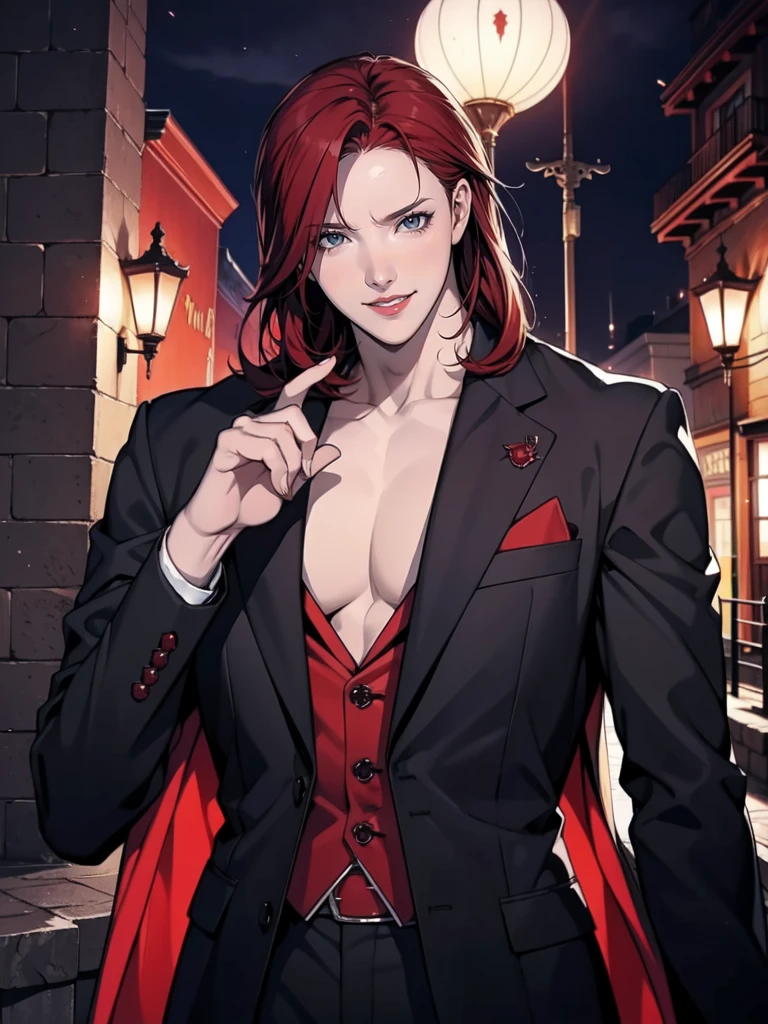 anime character Redhead and a black jacket, Redhead, Anime handsome guy, Male Anime Characters, One boy, alone, Suho Mikoto, k project, (((vampire))), insanity, Malkavian, Background city, (night), Grin, Cowboy Shot, Dynamic Lighting