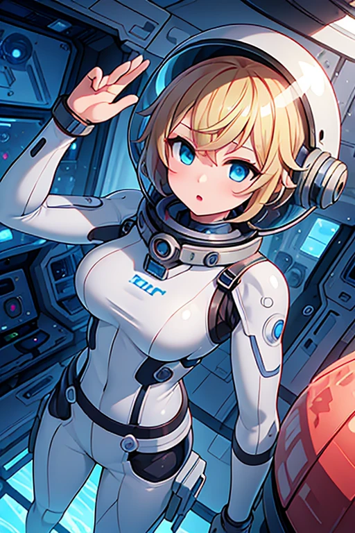 1girl, blonde_hair, solo,(space helmet):6, blue_eyes, looking_at_viewer, futuristic_diving_suit, realistic, breasts, short_hair, lips, medium_breasts, cyborg_enhancements, high_tech_armor, underwater, coral_reef, tropical_fish, sunlight_rays, futuristic_breathing_apparatus