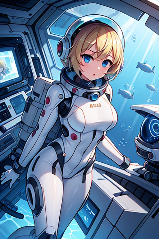 1girl, blonde_hair, solo,(space helmet):6, blue_eyes, looking_at_viewer, futuristic_diving_suit, realistic, breasts, short_hair, lips, medium_breasts, cyborg_enhancements, high_tech_armor, underwater, coral_reef, tropical_fish, sunlight_rays, futuristic_breathing_apparatus
