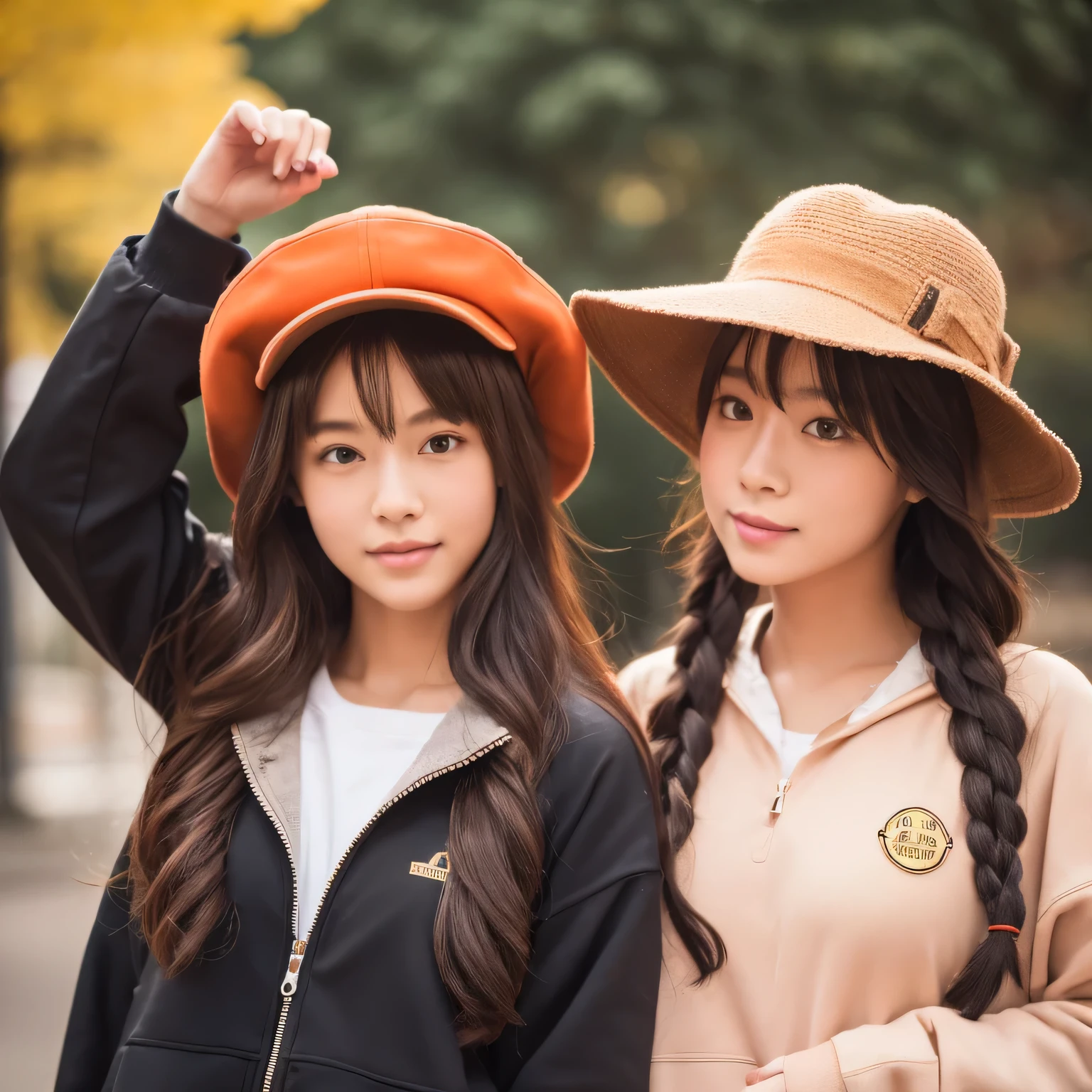 Japanese women、Identical Twin Sisters Disney/Two girls wearing hats in a Pixar movie。(8k, RAW photo, best quality, masterpiece:1.2), (realistic, photo-realistic:1.4), (extremely detailed 8k wallpaper), The background is a shrine。gathered in the middle。The girl on the left is、He is wearing a black hat and a black down jacket over a red hoodie.。, And with your left hand you are holding the piece close to your face.。The girl on the right is wearing a light brown hat., A black down jacket over an orange sweatshirt, And in his right hand he holds the piece.