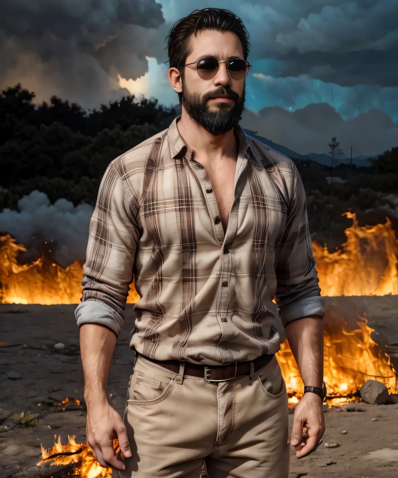 Obra maestra, desenfoque de campo, Parte superior del cuerpo, hands in pants pockets , 38 year old man with beard and square sunglasses. Man wearing a plaid shirt in an action movie with a fire storm in the background.