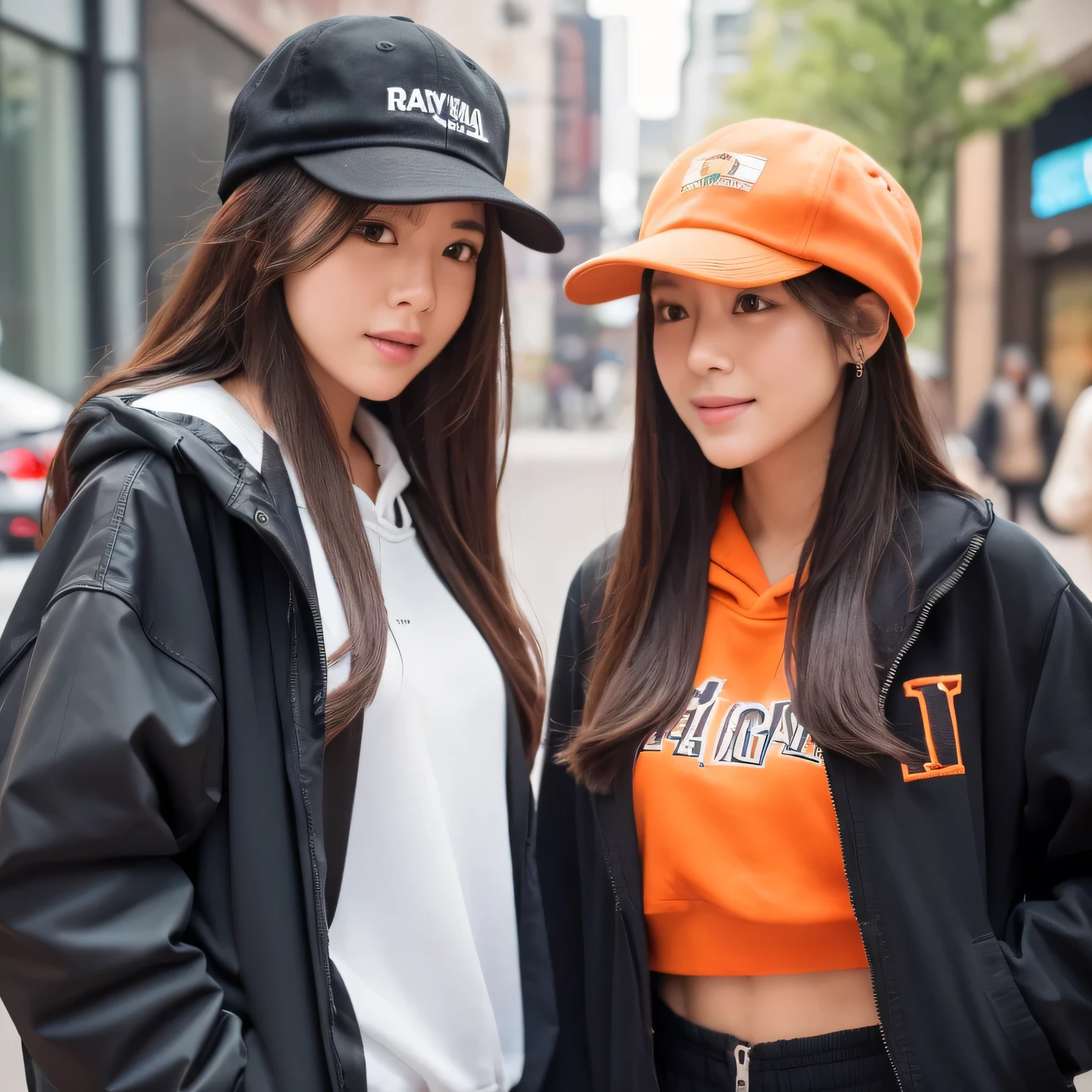 Japanese women、Identical Twin Sisters Disney/Two girls wearing hats in a Pixar movie。(8k, RAW photo, best quality, masterpiece:1.2), (realistic, photo-realistic:1.4), (extremely detailed 8k wallpaper), The background is a shrine。gathered in the middle。The girl on the left is、He is wearing a black hat and a black down jacket over a red hoodie.。, And with your left hand you are holding the piece close to your face.。The girl on the right is wearing a light brown hat., A black down jacket over an orange sweatshirt, And in his right hand he holds the piece.