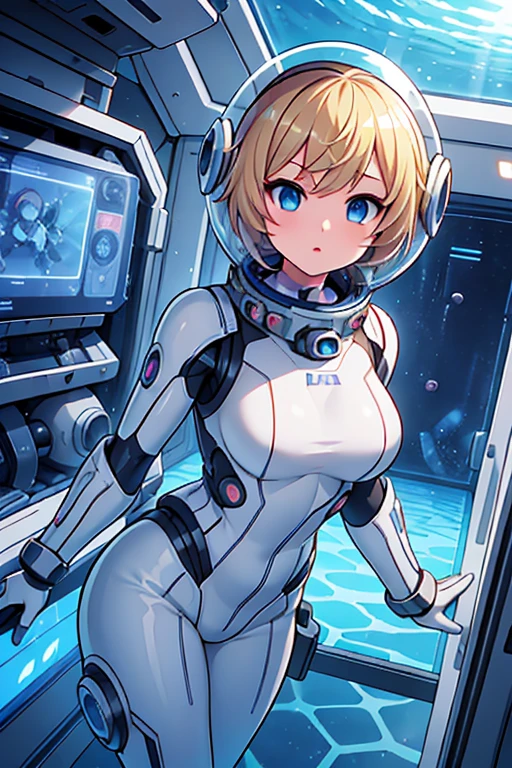 1girl, blonde_hair, solo,(space helmet):6, blue_eyes, looking_at_viewer, futuristic_diving_suit, realistic, breasts, short_hair, lips, medium_breasts, cyborg_enhancements, high_tech_armor, underwater, coral_reef, tropical_fish, sunlight_rays, futuristic_breathing_apparatus