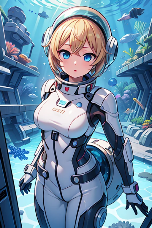1girl, blonde_hair, solo,(space helmet):6, blue_eyes, looking_at_viewer, futuristic_diving_suit, realistic, breasts, short_hair, lips, medium_breasts, cyborg_enhancements, high_tech_armor, underwater, coral_reef, tropical_fish, sunlight_rays, futuristic_breathing_apparatus