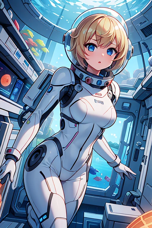 1girl, blonde_hair, solo,(space helmet):6, blue_eyes, looking_at_viewer, futuristic_diving_suit, realistic, breasts, short_hair, lips, medium_breasts, cyborg_enhancements, high_tech_armor, underwater, coral_reef, tropical_fish, sunlight_rays, futuristic_breathing_apparatus