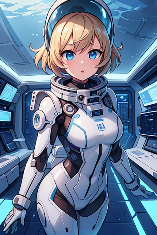 1girl, blonde_hair, solo,(space helmet):6, blue_eyes, looking_at_viewer, futuristic_diving_suit, realistic, breasts, short_hair, lips, medium_breasts, cyborg_enhancements, high_tech_armor, underwater, coral_reef, tropical_fish, sunlight_rays, futuristic_breathing_apparatus