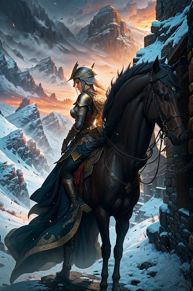 At the top of a steep hill, against the twilight horizon, an imposing figure stands with majesty. A woman, wearing full armor, stands at the highest point of the terrain, gazing determinedly into the valley below. Her helmet is adorned with intricate details, with a visor that reveals only her resolute eyes, shining with the golden light of the setting sun. Her armor, polished to an impeccable shine, is a masterpiece of craftsmanship, each plate meticulously forged to offer maximum protection without compromising mobility. Each piece gleams as it reflects the last rays of sunlight, creating a striking contrast with the somber landscape around her. In her right hand, she holds a longsword, whose gleaming blade seems eager to challenge any adversary that dares to cross her path. In the left, a shield adorned with a familiar crest, symbol of her lineage and heritage. The wind gently stirs the cape that envelops her shoulders, highlighting her firm and confident posture. She is a fearless warrior, a defender of her realm and her people, ready to face any challenge that fate may hold. Around her, the medieval scenery unfolds in all its grandeur. Castle towers rise against the orange-tinted sky, while verdant fields stretch as far as the eye can see. The distant sound of church bells and the clashing of swords echo through the air, reminding her of the constantly conflicted world she has sworn to protect. In this solemn moment, she prepares to descend the steep slope toward the valley below, where destiny awaits with its challenges and dangers. But she does not falter; her heart is filled with courage and determination, ready to face any battle that life may present her.