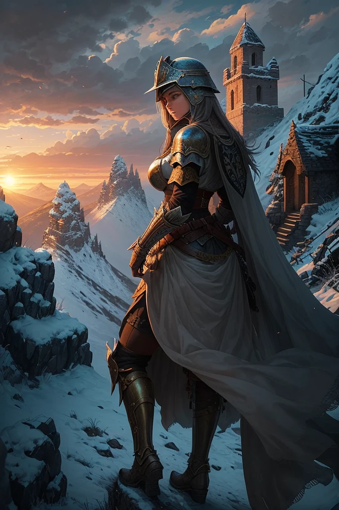 At the top of a steep hill, against the twilight horizon, an imposing figure stands with majesty. A woman, wearing full armor, stands at the highest point of the terrain, gazing determinedly into the valley below. Her helmet is adorned with intricate details, with a visor that reveals only her resolute eyes, shining with the golden light of the setting sun. Her armor, polished to an impeccable shine, is a masterpiece of craftsmanship, each plate meticulously forged to offer maximum protection without compromising mobility. Each piece gleams as it reflects the last rays of sunlight, creating a striking contrast with the somber landscape around her. In her right hand, she holds a longsword, whose gleaming blade seems eager to challenge any adversary that dares to cross her path. In the left, a shield adorned with a familiar crest, symbol of her lineage and heritage. The wind gently stirs the cape that envelops her shoulders, highlighting her firm and confident posture. She is a fearless warrior, a defender of her realm and her people, ready to face any challenge that fate may hold. Around her, the medieval scenery unfolds in all its grandeur. Castle towers rise against the orange-tinted sky, while verdant fields stretch as far as the eye can see. The distant sound of church bells and the clashing of swords echo through the air, reminding her of the constantly conflicted world she has sworn to protect. In this solemn moment, she prepares to descend the steep slope toward the valley below, where destiny awaits with its challenges and dangers. But she does not falter; her heart is filled with courage and determination, ready to face any battle that life may present her.