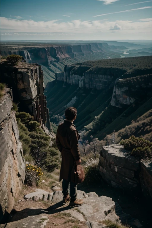 A lone traveler standing on the edge of a cliff, gazing into the vast wilderness below. cinematograf, 8k