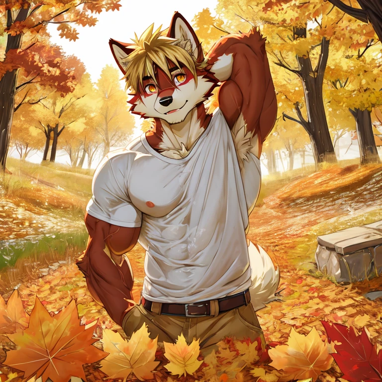 (masterpiece, Best quality:1.2), very young wolf boy, in shirts, autumn, body covered in red fur, Furry style, sexual, horny, very muscular wild ,full height,very short blond hair,freckles on the body and face,amber eyes,defined muscles,sharp focus