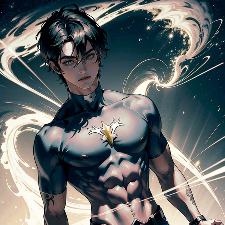a handsome man dressed in tight black briefs, naked top, he has the constellation ability. Manhwa style.