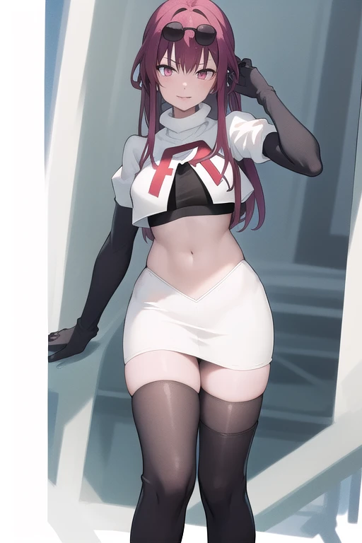 masterpiece, best quality, highres, aakafka, sunglasses, eyewear on head, team rocket,team rocket uniform,white skirt,red letter R,crop top,black thigh-highs,black elbow gloves