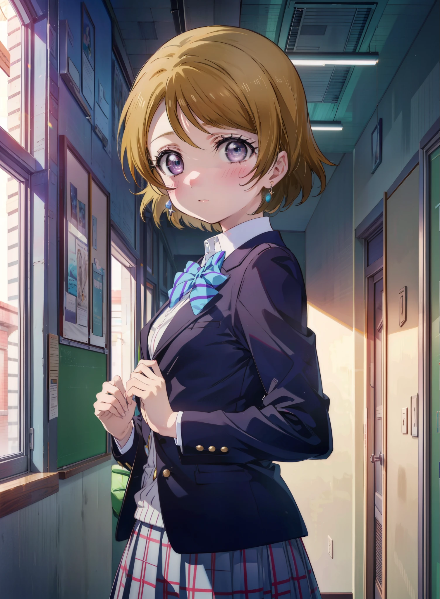 Hanayo Koizumi, hanayo, Short Hair, Brown Hair, Purple eyes,
break blazer, Blue Skirt, Jacket, otonokizaka school uniform, Pleated skirt, , Winter uniform,
break looking at viewer, (Cowboy Shot:1. 5)
break indoors, classroom, 
break (masterpiece:1.2), highest quality, High resolution, unity 8k wallpaper, (figure:0.8), (Detailed and beautiful eyes:1.6), Highly detailed face, Perfect lighting, Extremely detailed CG, (Perfect hands, Perfect Anatomy),