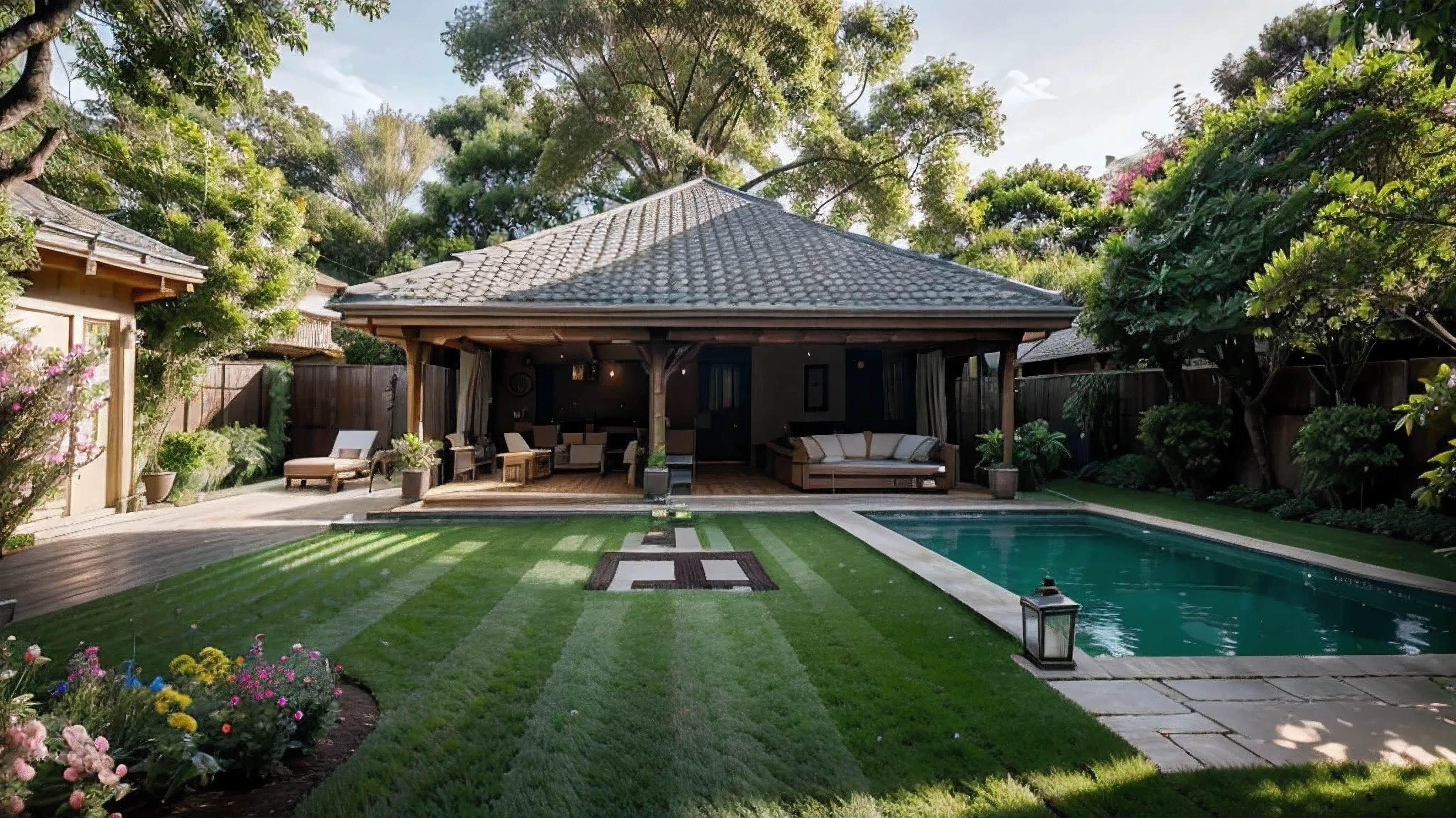 a beautiful house with a well-kept outdoor area, jardim vibrante, and spacious yard, [iluminado pelo sol, natural lighting, luz solar quente], [grama verdejante, flores coloridas, flowering plants], [tall trees, swinging branches], [charming courtyard, comfortable seating area], [piscina cintilante, crystal clear water], [Arquitetura moderna, design elegante], [paisagem deslumbrante, panoramic view], [atmosfera serena], [sacada, com vista para o jardim], [aroma perfumado de flores], [tranquil water fountain], [caminho convidativo], [rustic wooden fence], [abrir portas duplas], [janelas amplas], [decorative exterior, acabamento detalhado], [artesanato de qualidade], [fachada bem conservada], (melhor qualidade, 4K, high resolution, obra de arte:1.2), (realista, photorealista, photo-realista:1.37), [profissional, cores vivas], [paleta de cores brilhantes e alegres], [Carefully selected lighting], [mistura perfeita de luz solar e sombras].