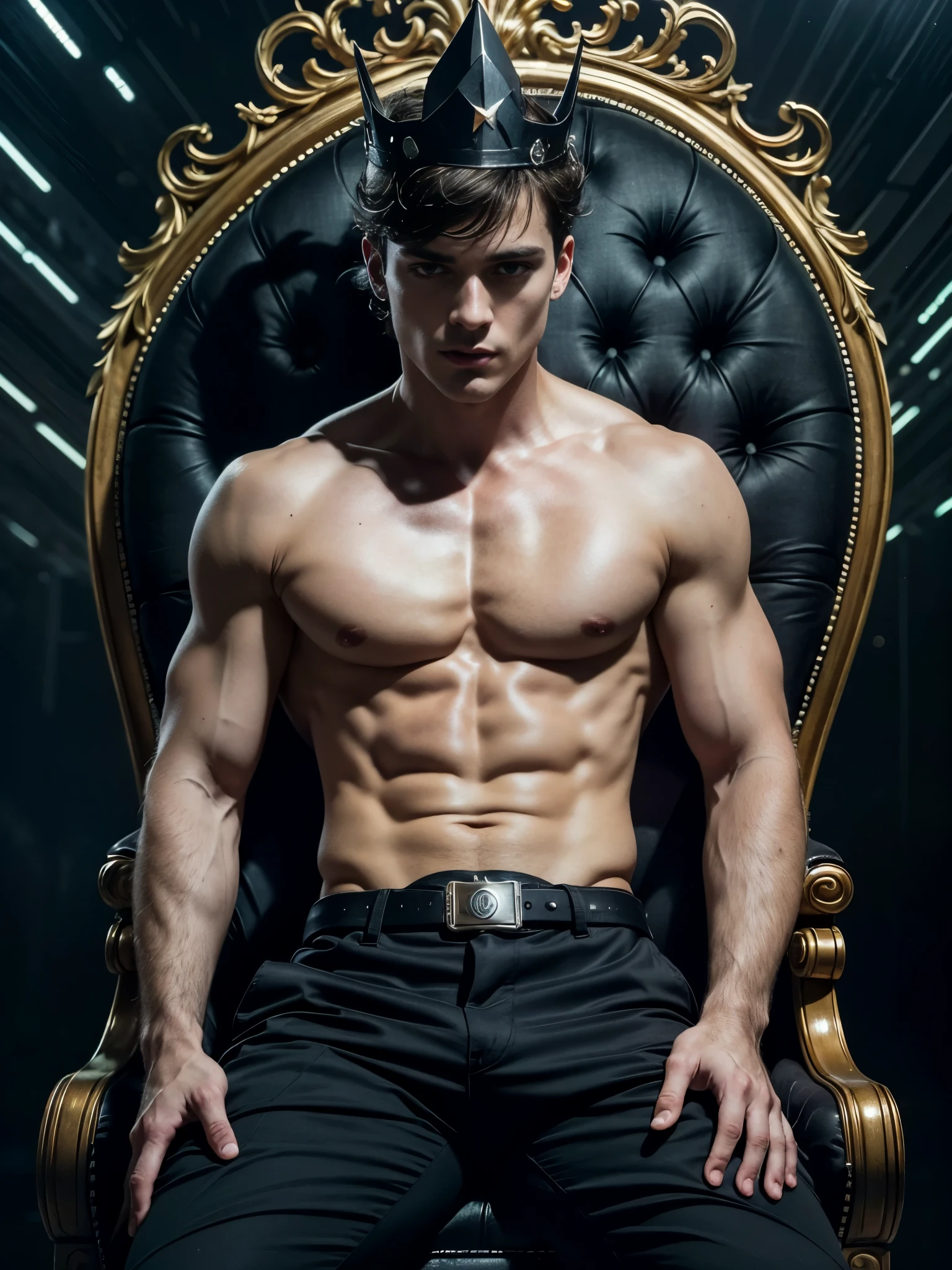 (photorealistic),masculine and shirtless male model, full body shot. A photograph of a 18 years old male model shirtless, he is sitting at the edge of futuristic throne, he is wearing a (dark evil masculine crown:1.4), and tight black futuristic pants, and looks Italian man, with light blue eyes, white pale skin, (short dark hair:1.2), short brown hair, messy wavy hair, defined body, fit body. Set the scene out space, galaxies, stars and planets in the background, with a dim light coming from a huge window, amazing architecture. Masterpiece:1.5, dramatic lighting, dark night, diffuse light, (dark atmosphere:1.5), best quality, beautiful lighting, realistic, real image, intricate details, everything in razor sharp focus, perfect focus, male focus, perfect face, extremely handsome, extremely muscular, Photograph, masterwork, supreme resolution, 32K, ultra-defined, extremely shallow depth of field, very defined faces, excellent quality, dramatic lighting, deep shadows. dynamic pose. Camera settings to capture such a vibrant and detailed image would likely include: Canon EOS 5D Mark IV, Lens: 85mm f/1.2, ISO 100, 1/500 sec