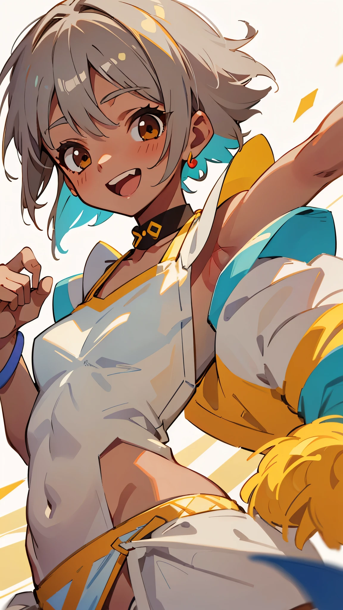 1 Girl、Shortcuts、Gray Hair、She 、Brown Skin、Wearing a white bikini、Beautiful brown eyes、slender and muscular body、barefoot、Colorful Bracelets、Colorful anklets、Laugh brightly、Dance cheerfully、Upper body close-up