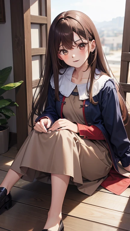 mujer adulta, long light brown hair, Brown eyes, Vestido chino azul negro, pintalabios rojo, sonrisa, Obra maestra, alta calidad