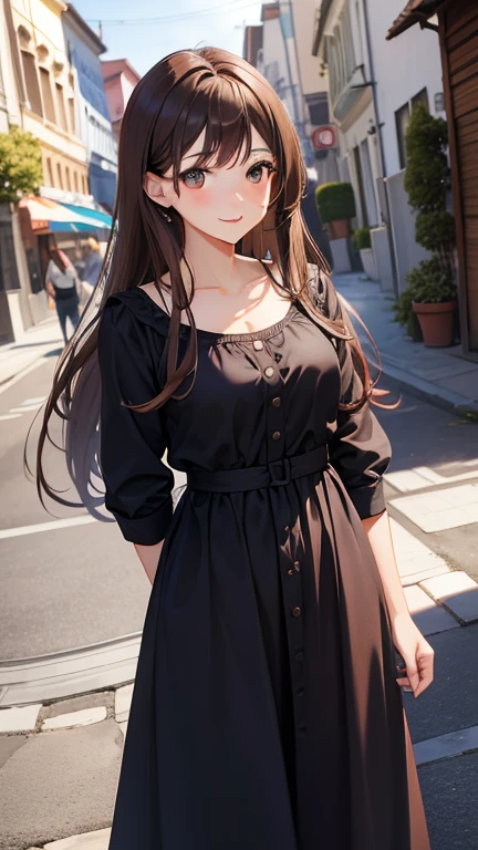 mujer adulta, long light brown hair, Brown eyes, Vestido chino azul negro, pintalabios rojo, sonrisa, Obra maestra, alta calidad