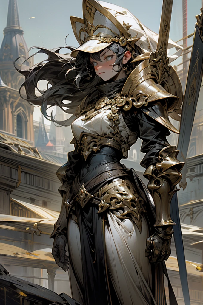 At the top of a steep hill, against the twilight horizon, an imposing figure stands with majesty. A woman, wearing full armor, stands at the highest point of the terrain, gazing determinedly into the valley below. Her helmet is adorned with intricate details, with a visor that reveals only her resolute eyes, shining with the golden light of the setting sun. Her armor, polished to an impeccable shine, is a masterpiece of craftsmanship, each plate meticulously forged to offer maximum protection without compromising mobility. Each piece gleams as it reflects the last rays of sunlight, creating a striking contrast with the somber landscape around her. In her right hand, she holds a longsword, whose gleaming blade seems eager to challenge any adversary that dares to cross her path. In the left, a shield adorned with a familiar crest, symbol of her lineage and heritage. The wind gently stirs the cape that envelops her shoulders, highlighting her firm and confident posture. She is a fearless warrior, a defender of her realm and her people, ready to face any challenge that fate may hold. Around her, the medieval scenery unfolds in all its grandeur. Castle towers rise against the orange-tinted sky, while verdant fields stretch as far as the eye can see. The distant sound of church bells and the clashing of swords echo through the air, reminding her of the constantly conflicted world she has sworn to protect. In this solemn moment, she prepares to descend the steep slope toward the valley below, where destiny awaits with its challenges and dangers. But she does not falter; her heart is filled with courage and determination, ready to face any battle that life may present her.