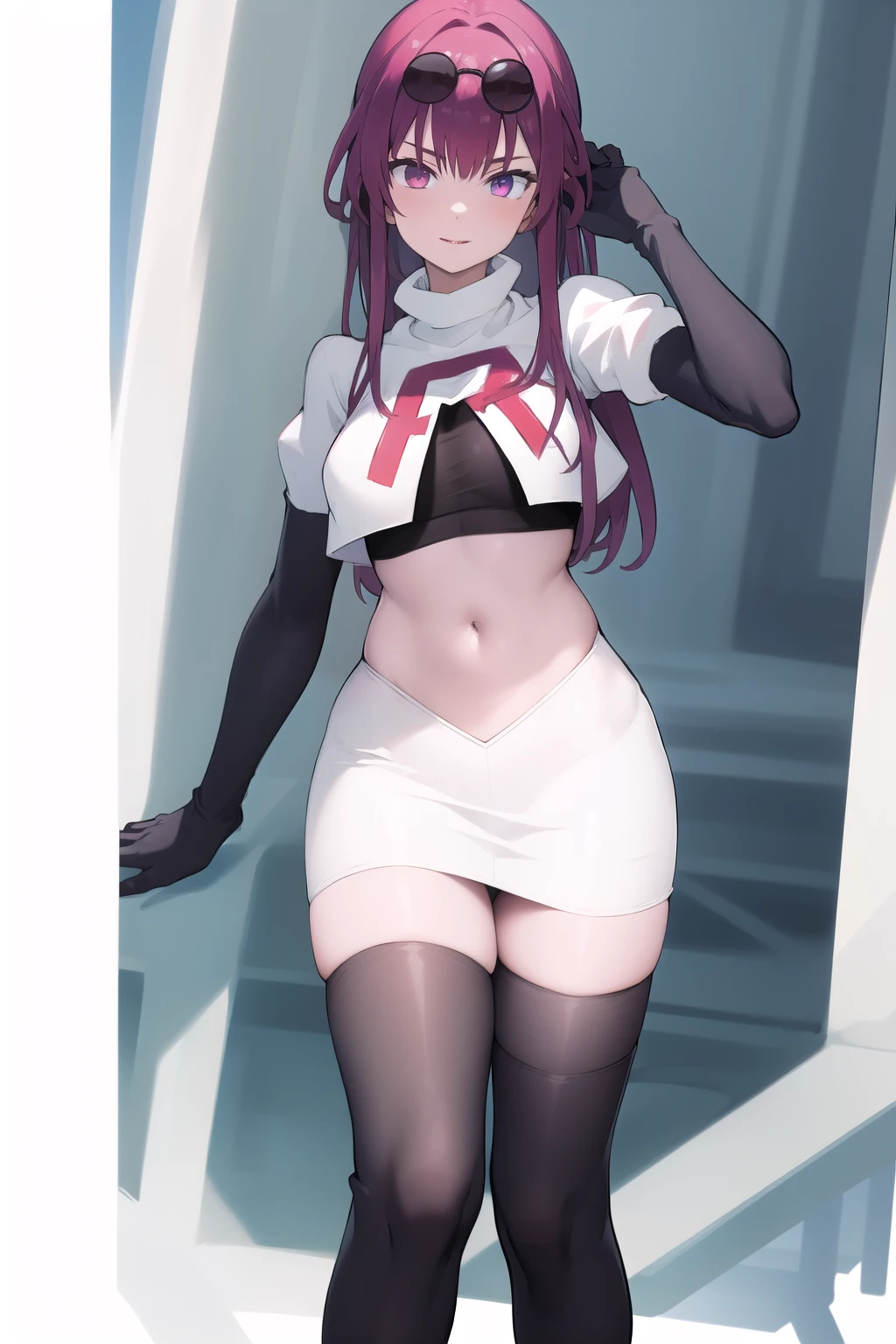 masterpiece, best quality, highres, aakafka, sunglasses, eyewear on head, team rocket,team rocket uniform,white skirt,red letter R,crop top,black thigh-highs,black elbow gloves