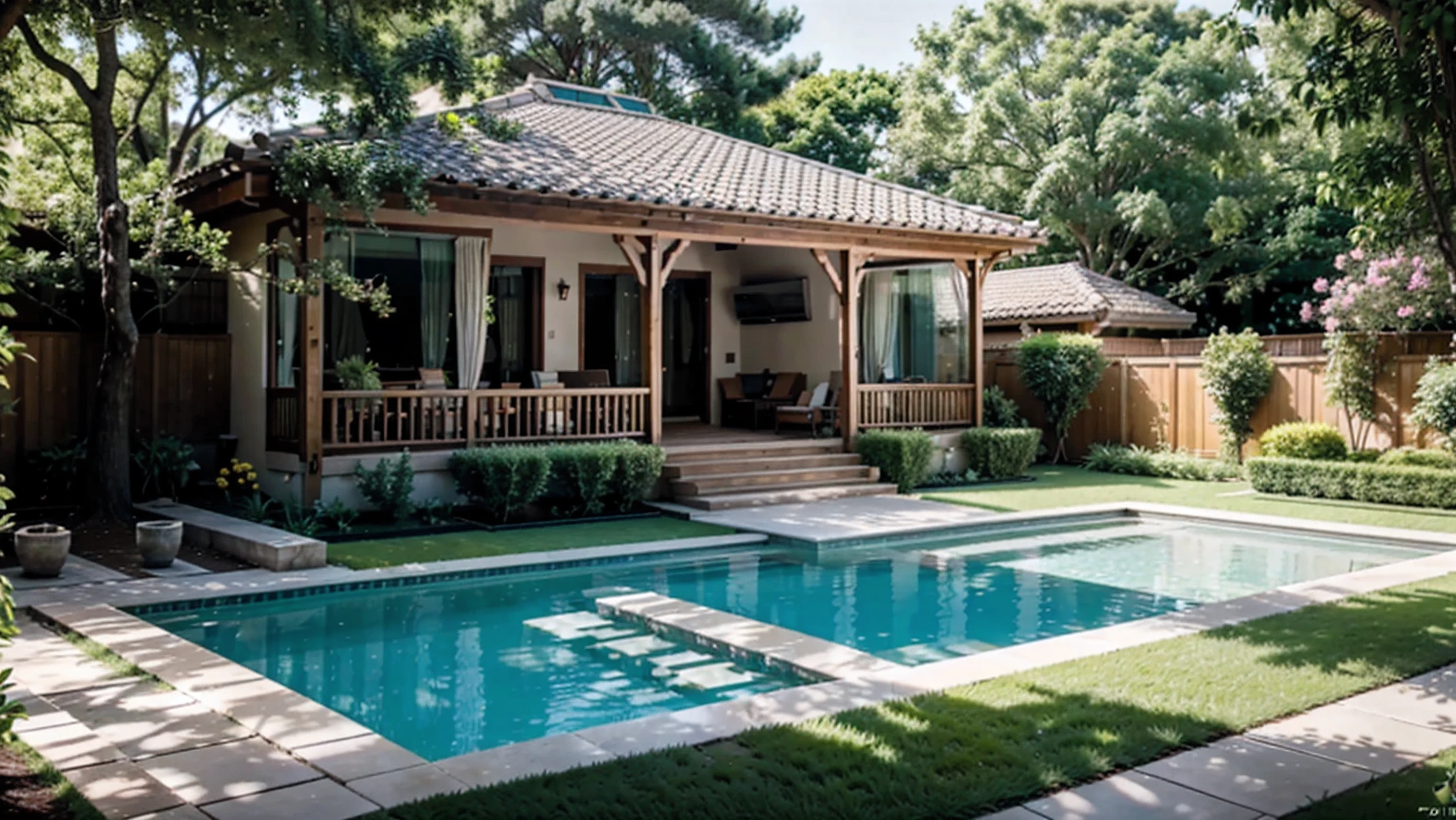 a beautiful house with a well-kept outdoor area, jardim vibrante, and spacious yard, [iluminado pelo sol, natural lighting, luz solar quente], [grama verdejante, flores coloridas, flowering plants], [tall trees, swinging branches], [charming courtyard, comfortable seating area], [piscina cintilante, crystal clear water], [Arquitetura moderna, design elegante], [paisagem deslumbrante, panoramic view], [atmosfera serena], [sacada, com vista para o jardim], [aroma perfumado de flores], [tranquil water fountain], [caminho convidativo], [rustic wooden fence], [abrir portas duplas], [janelas amplas], [decorative exterior, acabamento detalhado], [artesanato de qualidade], [fachada bem conservada], (melhor qualidade, 4K, high resolution, obra de arte:1.2), (realista, photorealista, photo-realista:1.37), [profissional, cores vivas], [paleta de cores brilhantes e alegres], [Carefully selected lighting], [mistura perfeita de luz solar e sombras].