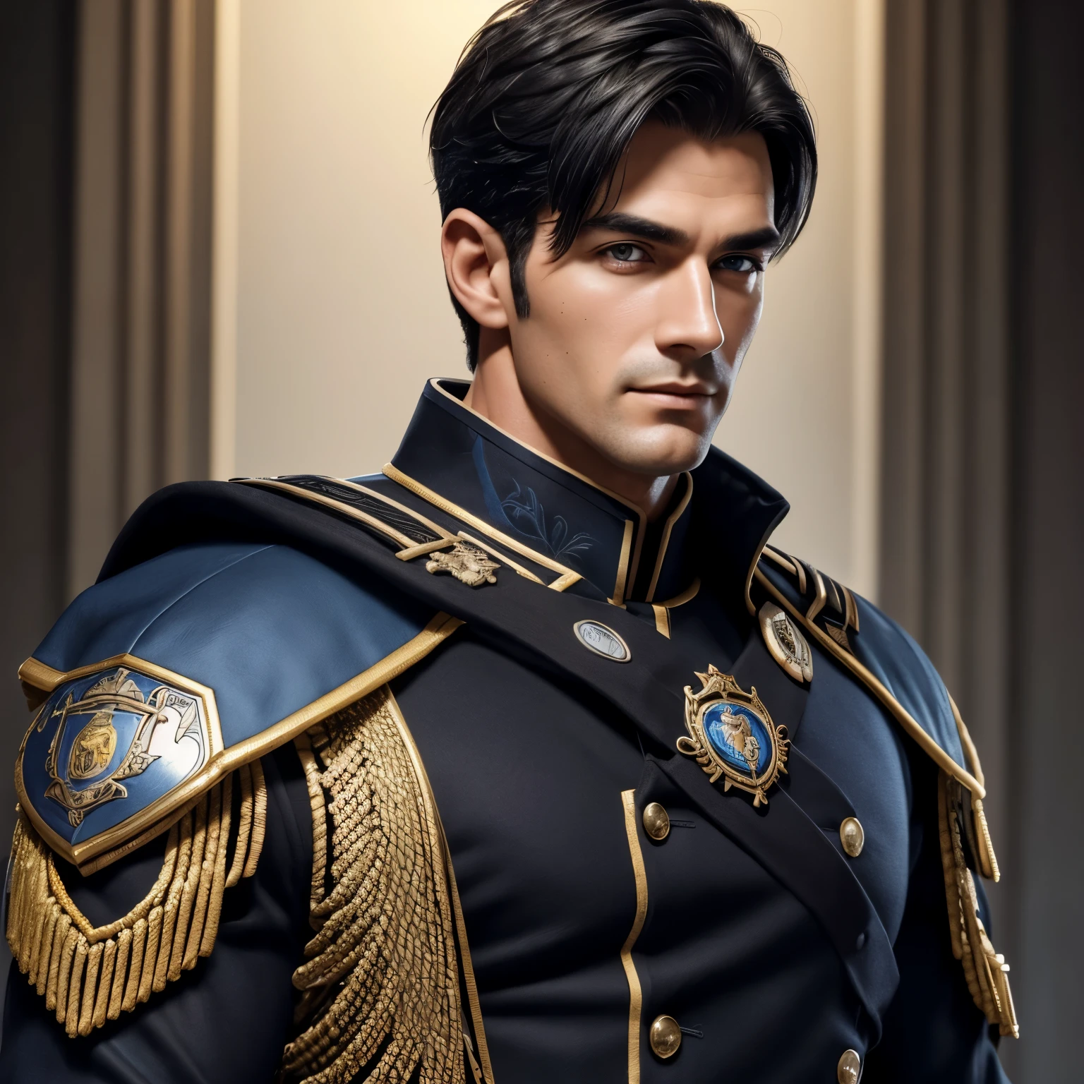 (masterpiece, best quality), 1 male, mature, aged up: 4,5, tall muscular guy, broad shoulders, finely detailed eyes and detailed face, extremely detailed CG unity 8k wallpaper, intricate details, Fantasy, Admiral, short hair, black hair, brown eyes, uniform, 1 male, black hair, brown eyes, short hair, smile, adult, aged up to: 1.4, tall, muscular male, broad shoulders, fine detailed eyes and detailed face, blue uniform, short shoulder length hair, robotic body, beautiful face, aged up to: 4.5, black hair, black eyes, black uniform, they are like the photo