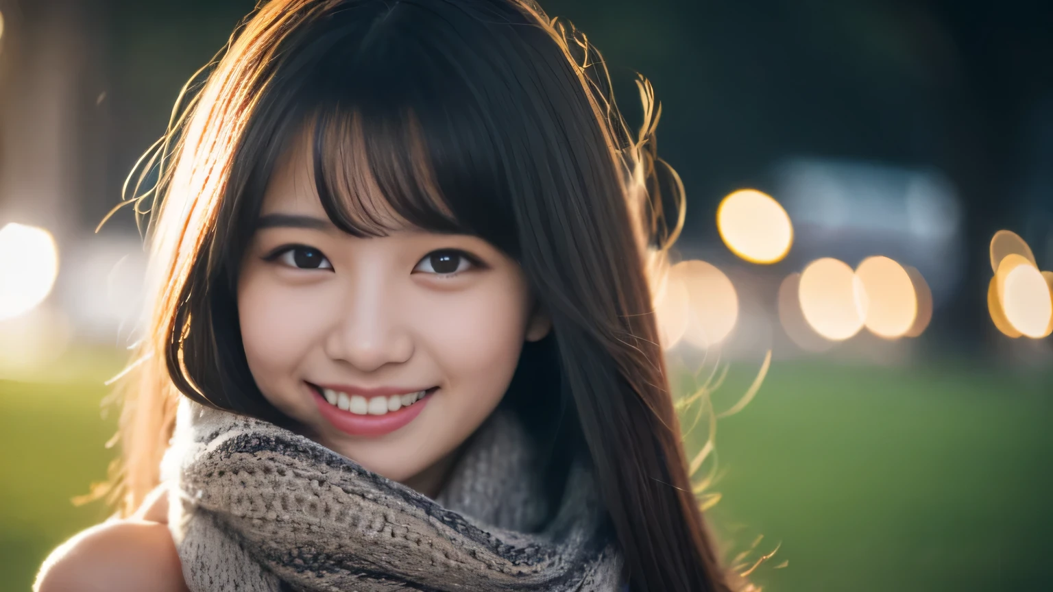 ((Full nudity))、((Hide your chest:1.2))、(Realistic、Photorealistic、Ultra-detailed、highest detail skin、highest quality、masterpiece、超A high resolution)、Cute Japanese Woman、、high school girl、Young girl、One Girl、Has bangs、double eyelid、drooping eyes、Big black eyes、Charm、purity、Cute Smile、Natural smile、Have a look at this、Looking at the camera、Realistic skin types、Fluffy hair、((Hair is in the scarf))、The wind is blowing、Sunny、summer、bright lighting from behind、Night City、Blurred Background、Photographed from the front