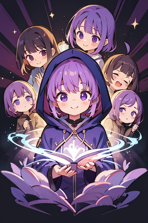 Cute Smile、Medium Short Hair、Purple Hair、((1:2))、whole body、Purple hood、Healing Wizard