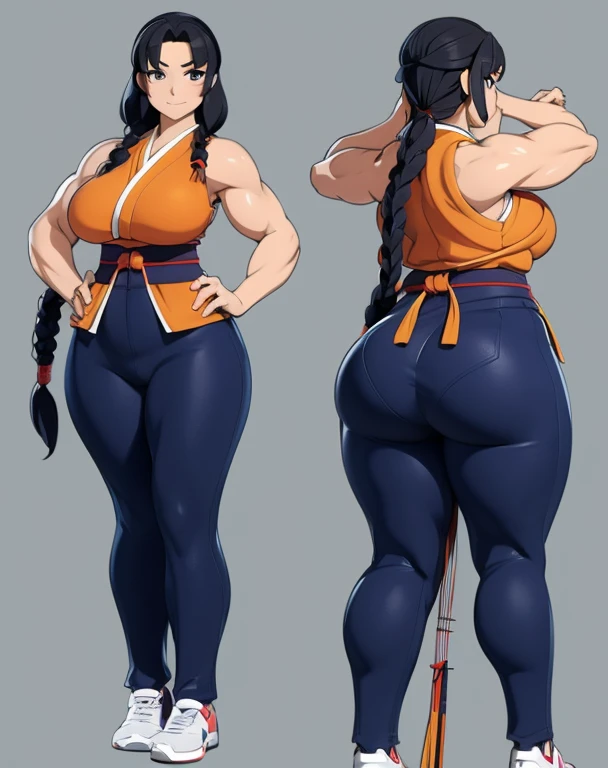 Anime woman, 3d rendering, traditional ninja outfit, front and back, same person, thick thighs, big breasts, big ass, wide hips, tanned skin