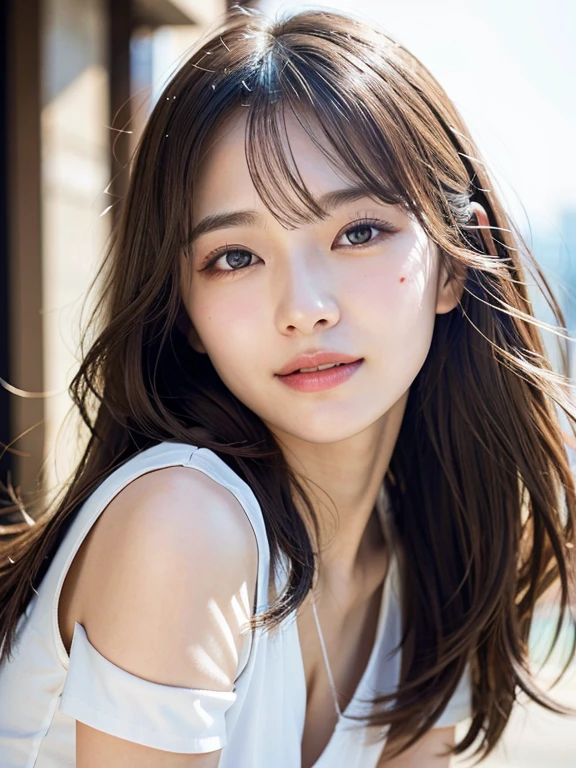 With the alleys of Kyoto in the background、18-year-old girl、independent、Look forward、Light eye makeup、Brown Hair Color、flat 、Hair blowing in the wind、Quality of actress、Shiny, Ultra-realistic faces、smileの表情、Watery eyes、look up、Soothing lighting effects、 Ultra-Realistic Capture、Very detailed、High resolution 16k human skin closeup。Skin texture must be natural、Must be so detailed that pores are visible、skin is healthy、Must be of uniform tone、Use natural light and color、High quality photos taken by modeling agencies'Exclusive photographer、smile