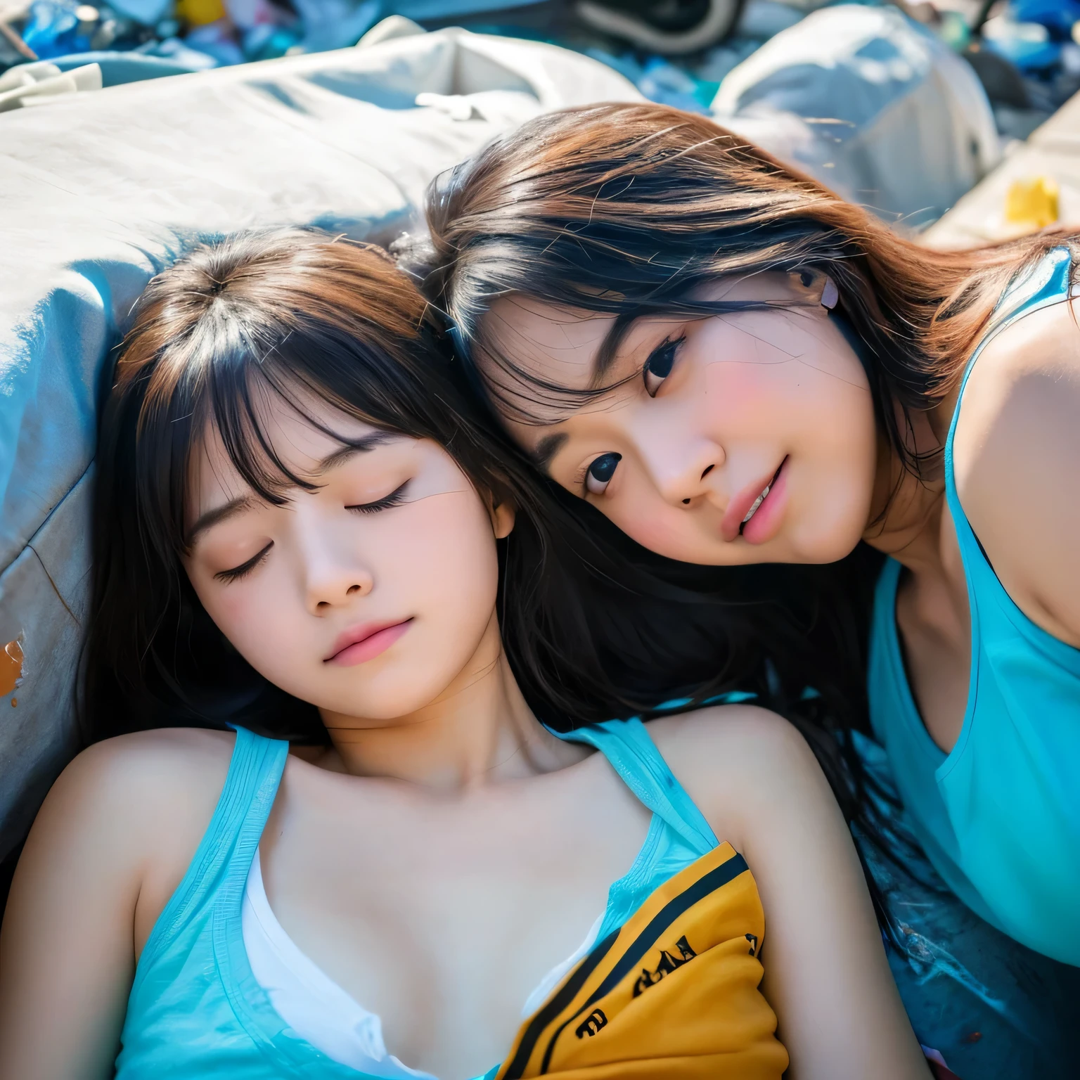 Two people、Identical twin sisters、Best image quality,, Ultra-high resolution, (Faithfulness:1.4),Realistic woman,Realistic body, photograph, cute ,Shortcuts,Realistic Face,Japanese women,Exposing shoulders,Tattered clothes,Messy Hair, Thin and thin,Young Face,high school student,,High milk,Messy Hair,poor,Sleeping with trash,close your eyes,Buried in garbage,Sleep on your side,pile of trash,Sleeping girl,A trashy place,Sleep alone'Came back,Ripped tank top,Tattered Tank Top,Surrounded by trash,Concentrated Cut.Battered girl,cute face、(8k, RAW photo, best quality, masterpiece:1.2), (realistic, photo-realistic:1.4), (extremely detailed 8k wallpaper),Highly detailed face、Highly detailed eyes、Extremely realistic skin、Highly detailed fingers, Highly detailed nose, Highly detailed mouth,