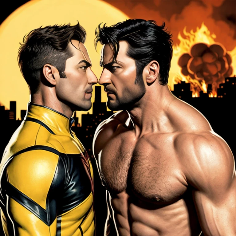 each other in a chaotic cityscape, surrounded by crumbling buildings and overturned cars, with flames and smoke billowing in the background. The characters are highly detailed and muscular, with intricate facial expressions and pronounced veins bulging from their foreheads. Deadpool is wearing his iconic red and black suit, and Wolverine is clad in his yellow and blue costume. The scene is lit by the bright orange glow of a setting sun, casting long shadows and creating dramatic contrasts of light and shadow. The overall atmosphere is intense and gritty, with a touch of darkness and suspense. The artwork should have a comic book style, with bold lines and vibrant colors, reminiscent of a classic superhero showdown. The image should be of the highest quality, with a resolution of 4k or higher.