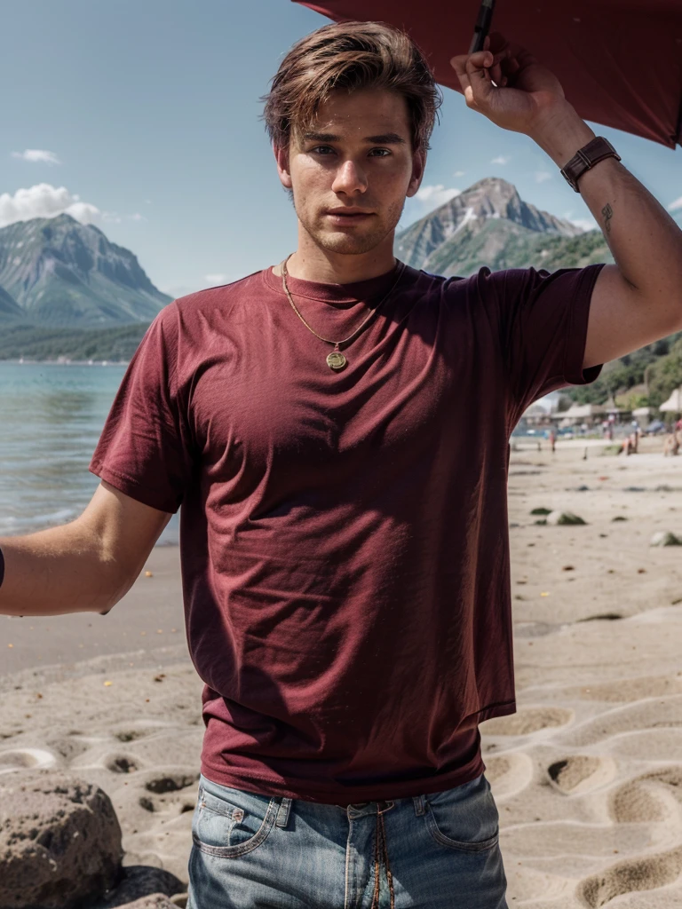 (masterpiece,best quality,photorealistic) (man 22 years old on the beach ) (full-length photo) (mountains in the background ) (man has brown hair, oval face stretched upwards, hairstyle - underrcut, hair length - 8 cm) (color Porta 160, iPhone 15 pro photo) (unprocessed photo) (perfect angle) (man is wearing maroon T-shirt, shorts ,bronze chain around his neck, expensive watch on his arm.) (natural light)