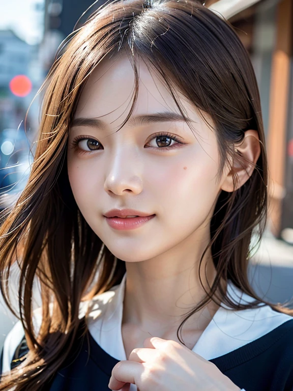 With the alleys of Kyoto in the background、18-year-old girl、independent、Look forward、Light eye makeup、Brown Hair Color、flat 、Hair blowing in the wind、Quality of actress、Shiny, Ultra-realistic faces、smileの表情、Watery eyes、look up、Soothing lighting effects、 Ultra-Realistic Capture、Very detailed、High resolution 16k human skin closeup。Skin texture must be natural、Must be so detailed that pores are visible、skin is healthy、Must be of uniform tone、Use natural light and color、High quality photos taken by modeling agencies&#39;Exclusive photographer、smile