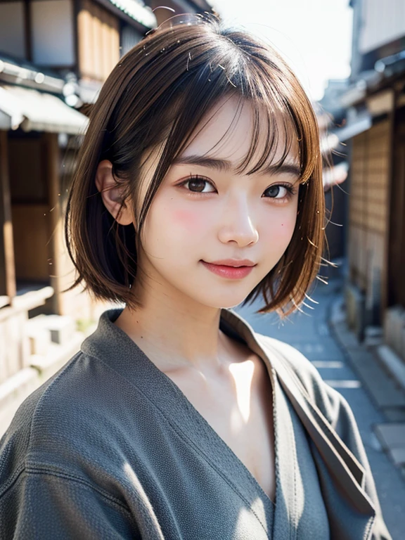 With the alleys of Kyoto in the background、18-year-old girl、independent、Look forward、Light eye makeup、Brown Hair Color、flat 、Hair blowing in the wind、Quality of actress、Shiny, Ultra-realistic faces、smileの表情、Watery eyes、look up、Soothing lighting effects、 Ultra-Realistic Capture、Very detailed、High resolution 16k human skin closeup。Skin texture must be natural、Must be so detailed that pores are visible、skin is healthy、Must be of uniform tone、Use natural light and color、High quality photos taken by modeling agencies'Exclusive photographer、smile