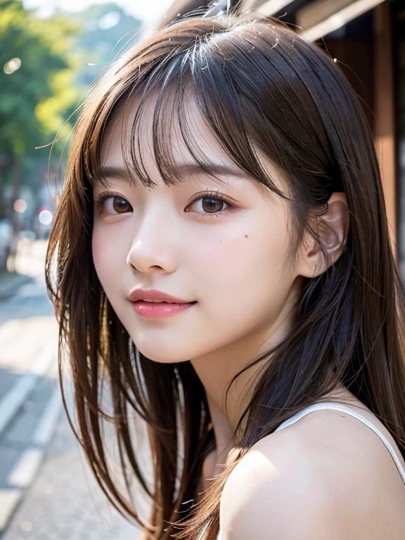 With the alleys of Kyoto in the background、18-year-old girl、independent、Look forward、Light eye makeup、Brown Hair Color、flat 、Hair blowing in the wind、Quality of actress、Shiny, Ultra-realistic faces、smileの表情、Watery eyes、look up、Soothing lighting effects、 Ultra-Realistic Capture、Very detailed、High resolution 16k human skin closeup。Skin texture must be natural、Must be so detailed that pores are visible、skin is healthy、Must be of uniform tone、Use natural light and color、High quality photos taken by modeling agencies&#39;Exclusive photographer、smile